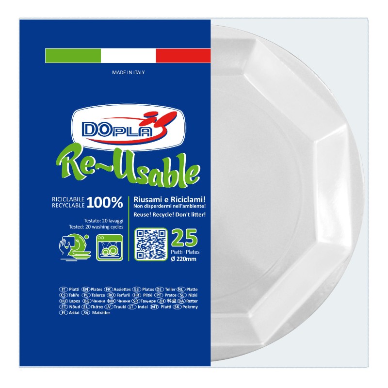 Piatto fondo riutilizzabile ottagonale diametro 22 cm PS reuse bianco Dopla conf. 25 pezzi