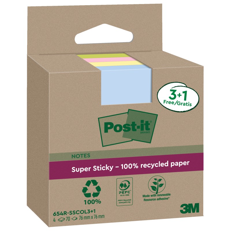 Blocco foglietti Post it® SuperSticky Green +1 76 x 76mm carta riciclata colori pastello assortiti 70 fogli Post it® 4 blocchi