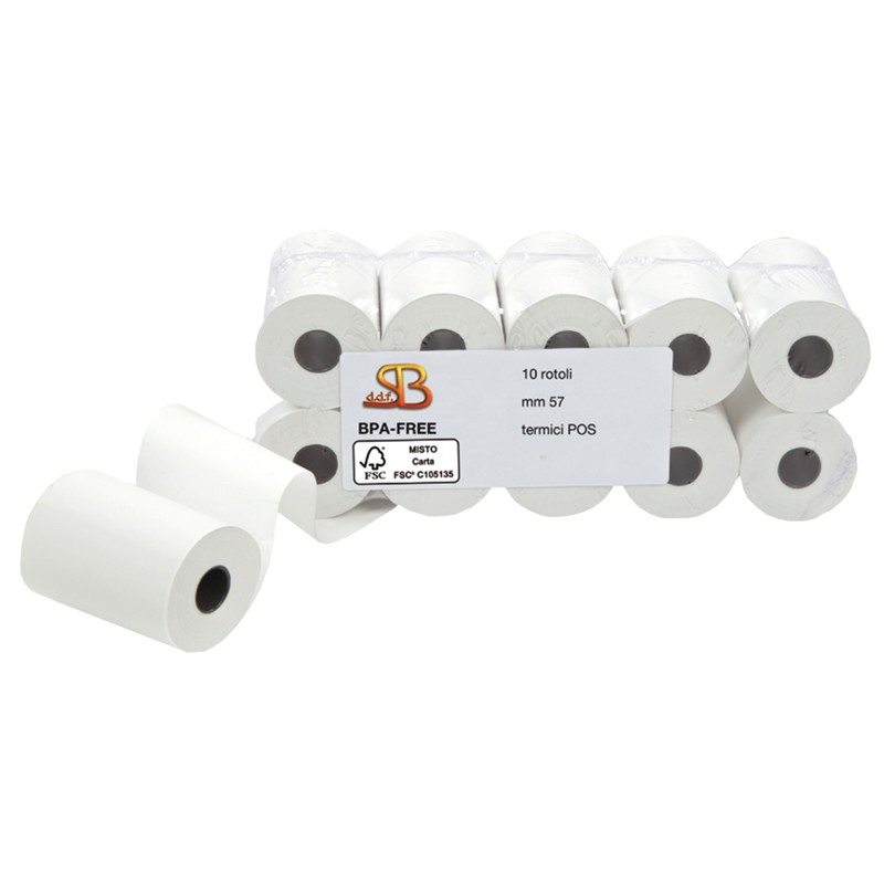 Rotolo per POS e carte di credito 57mm x 18 m diametro esterno 38mm anima 12mm 55 gr carta termica BPA free Sabacart 10 pezzi