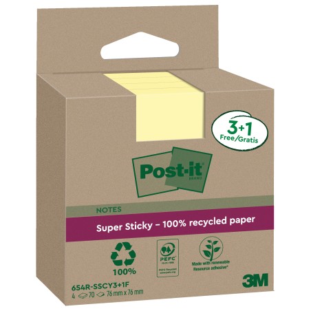 Blocco foglietti Post it® SuperSticky Green 654RSSCY3+1 76 x 76 mm carta riciclata giallo Canary 70 fogli Post it® 4 blocchi