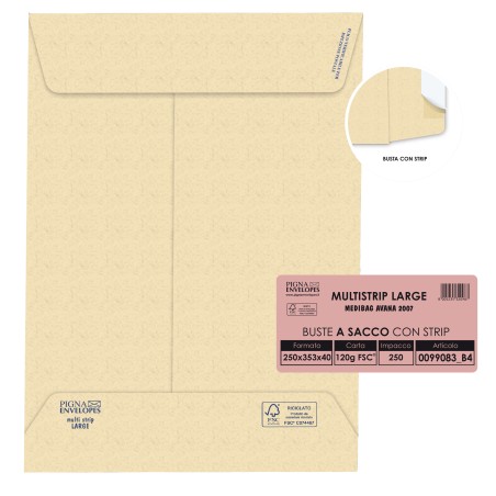 Busta a sacco MultiStripLarge soffietti laterali strip adesivo 25 x 35,3 x 4 cm 120 g carta riciclata FSC avana Pigna 250 pezzi