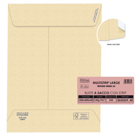 Busta a sacco Multi Strip Large soffietti laterali strip adesivo 30 x 40 x 4 cm 120 g carta riciclata FSC avana Pigna 250 pezzi