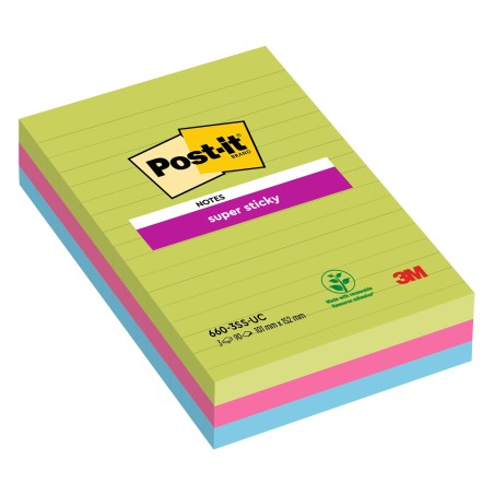 Blocco foglietti Post it® Super Sticky rettangolari 6603SSUC a righe 101 x 152 mm colori Ultra 90 fogli Post it®