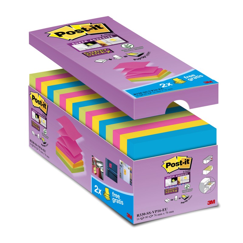 Blocchetto Post it® Super Sticky Z Notes R330SSVP16 per dispenser 76 x 76 mm 90 fogli Post it® conf. 16 blocchi