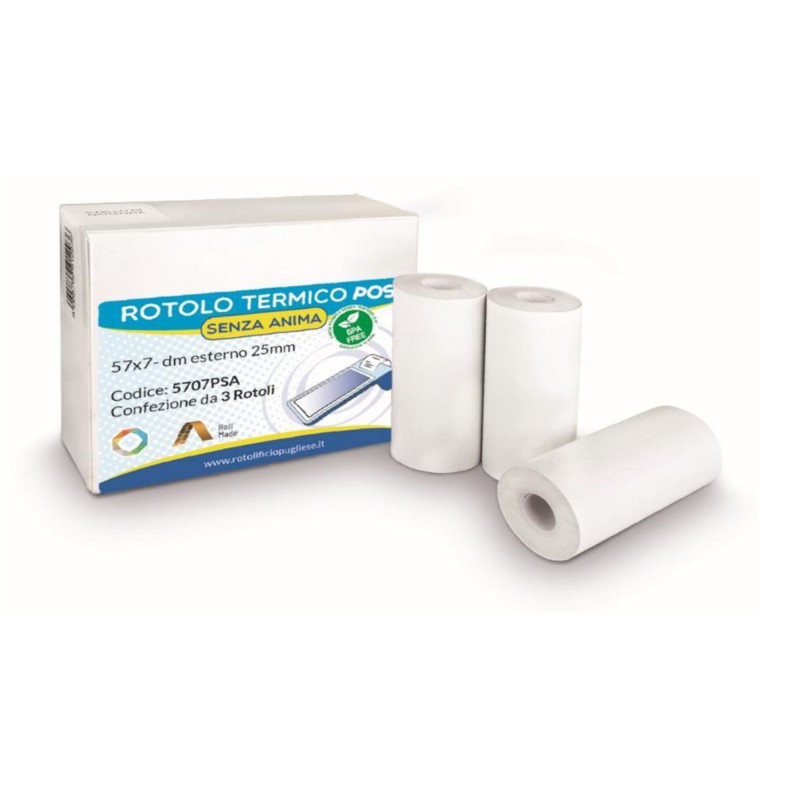 Rotolo per POS e carte di credito carta termica BPA free 57mm x 7 mt 55 g/m² diametro 25mm senza anima 3 pezzi