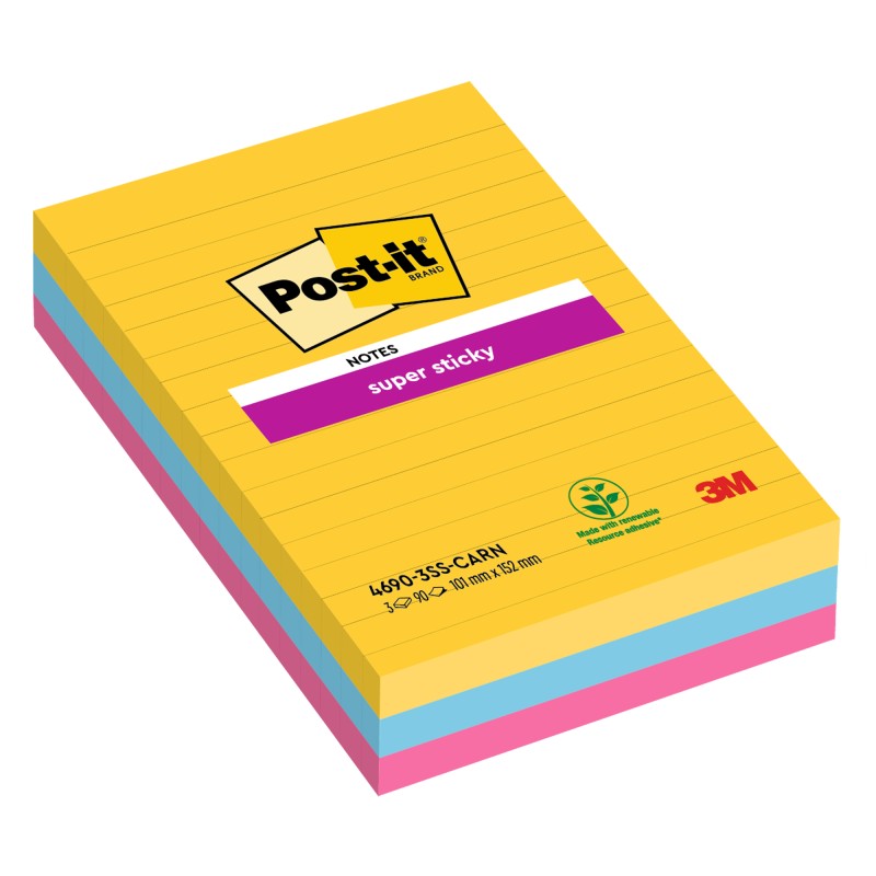 Blocco Post it® Super Sticky 46903SSCARN a righe 101 x 152 mm colori Carnival 90 fogli Post it® conf. 3 pezzi