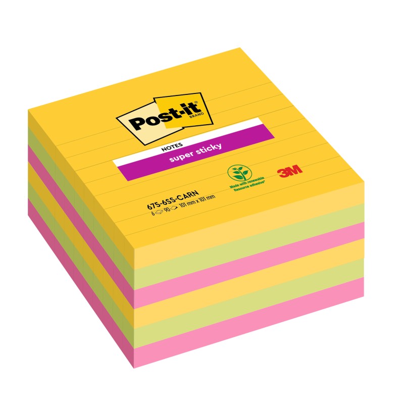 Blocco Post it® Super Sticky 6756SSCARN a righe 101 x 101 mm colori Carnival 90 fogli Post it® conf. 6 pezzi