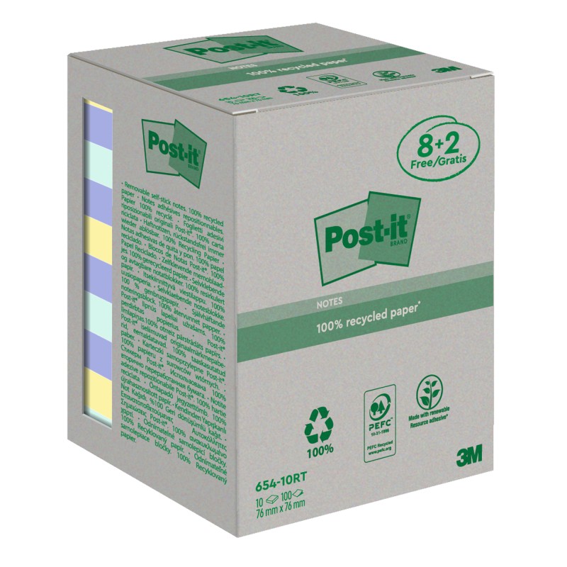 Blocco foglietti Postit® 654RCP10 76 x 76 mm carta riciclata colori pastel 100 fogli Postit® conf. 10 pezzi