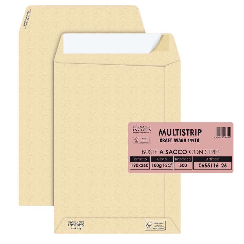 Busta a sacco Multi Strip strip adesivo 19 x 26 cm 100 gr carta riciclata FSC® avana Pigna conf. 500 pezzi