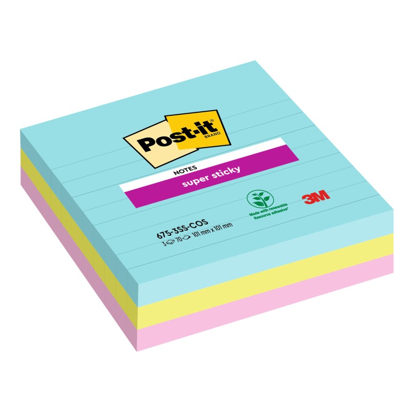 Blocco Post it® Super Sticky 6753SSCOS a righe 101 x 101 mm colori Cosmic 70 fogli Post it® conf. 3 pezzi