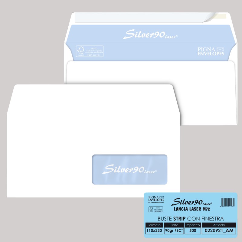 Busta Silver90 Strip Laser FSC® con finestra internografata 11 x 23 cm 90 gr bianco Pigna conf. 500 pezzi