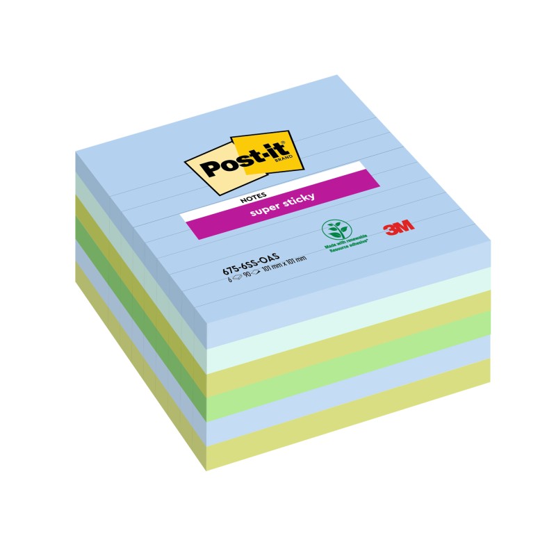 Blocco Post it® Super Sticky 6756SSOAS a righe 100 x 100 mm colori Oasis 90 fogli Post it® conf. 6 pezzi