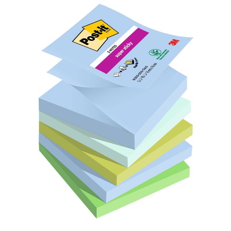 Blocco Post it® Super Sticky Z Notes R3305SSOAS 76 x 76 mm colori Oasis 90 fogli Post it® conf. 5 pezzi