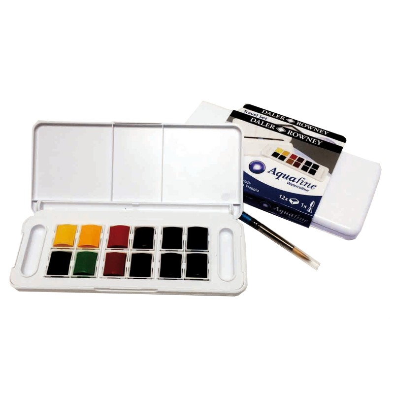 Acquerelli Acquafine Godet colori assortiti Daler Rowney scatola in plastica 12 acquerelli + 1 pennello