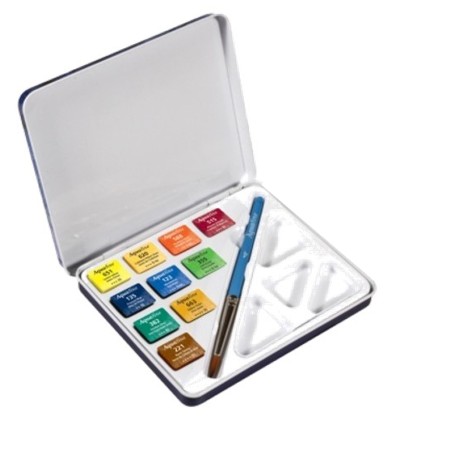 Acquerelli Aquafine colori assortiti Daler Rowney scatola metallo 10 acquerelli + pennello + tavolozza