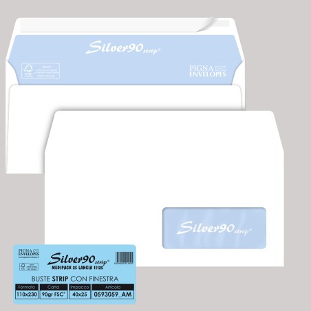 Busta SILVER90 STRIP FSC® bianca internografata con finestra 110 x 230 mm 90 gr Pigna conf. 25 pezzi