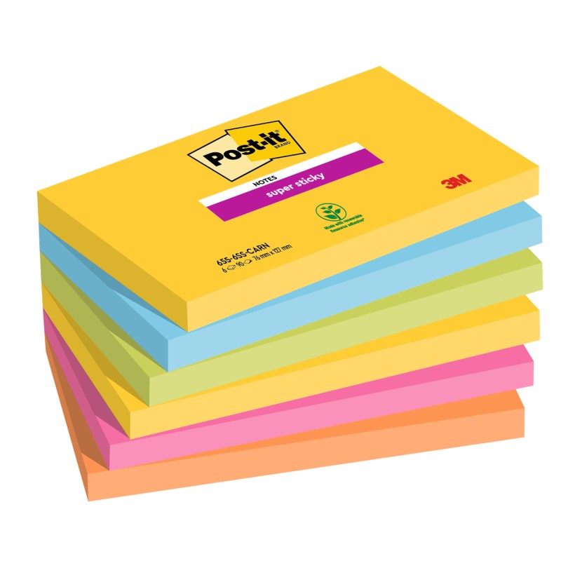 Blocco Post it® Super Sticky 6556SSCARN 76 x 127 mm colori Carnival 90 fogli Post it® conf. 6 pezzi