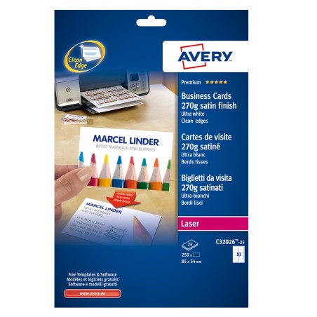 Biglietti da visita 85 x 54 mm 270 gr effetto satinata bianco Avery conf. 25 fogli da 10 biglietti