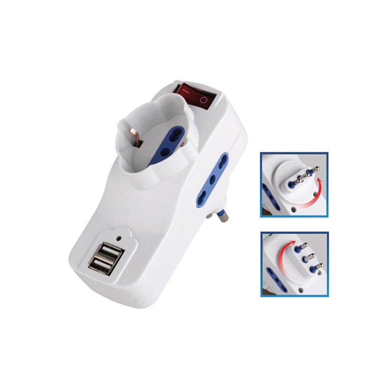 Adattatore rotante con interruttore 2 prese bipasso 2P+T 10/16A + 1 presa Schuko + 2 prese USB MKC