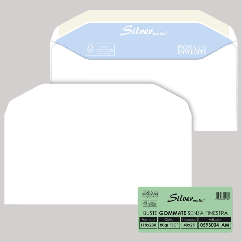 Busta Busta Silver Matic FSC® senza finestra gommata 11 x 23 cm 80 gr bianco Pigna conf. 25 pezzi