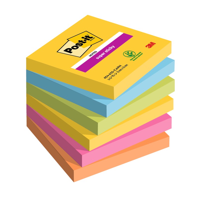 Blocco Post it® Super Sticky 6546SSCARN 76 x 76 mm colori Carnival 90 fogli Post it® conf 6 pezzi