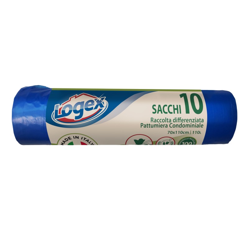 Sacchi per immondizia 70x110 cm 120 L 16 micron azzurro Logex Professional rotolo da 10 sacchetti