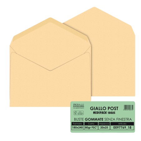 Busta Giallo Postale gommata 18 x 24 cm 80 gr carta riciclata FSC® giallo Pigna conf. 25 pezzi