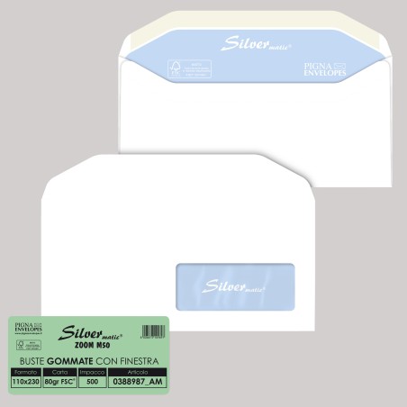 Busta Silver Matic Lux FSC® con finestra gommata 11 x 23 cm 80 gr bianco Pigna conf. 500 pezzi