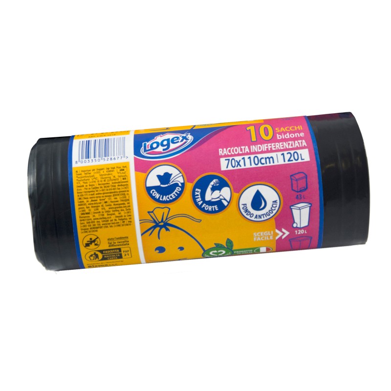 Sacchi per immondizia 70x110 cm 120 L 43 micron nero Logex Professional rotolo da 10 sacchetti