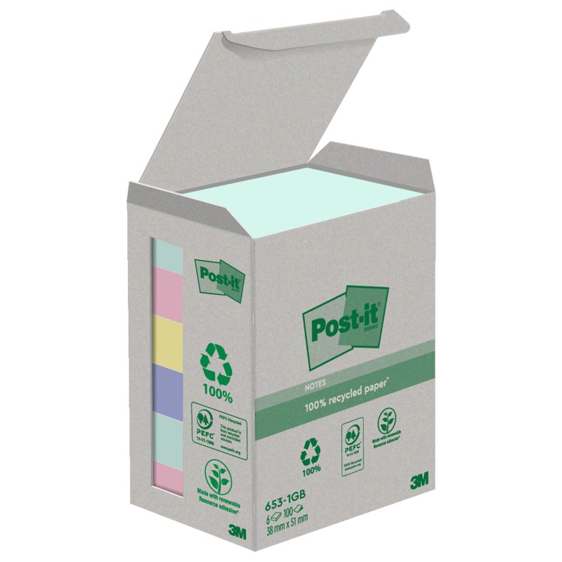 Blocco Post it® in carta riciclata 6531GB 38 x 51 mm natural 100 fogli Post it® conf. 6 pezzi