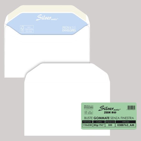 Busta Silver Matic FSC® senza finestra gommata 11 x 23 cm 80 gr bianco Pigna conf. 500 pezzi