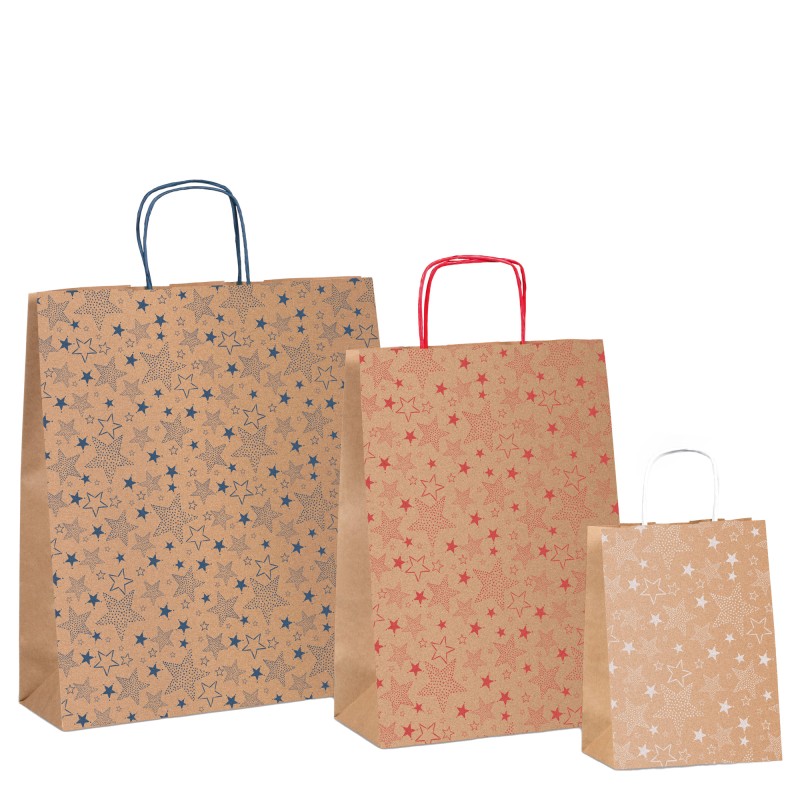 Shopper natale 36 x 12 x 41 cm carta kraft fantasia stelline colori assortiti Sadoch