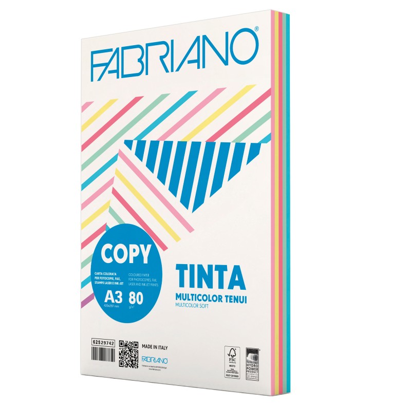 Carta Copy Tinta Multicolor A3 80 gr mix 5 colori tenui Fabriano conf. 250 fogli