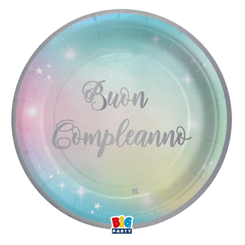 Piatto Soft Rainbow Buon Compleanno diametro 24 cm carta Big Party conf. 8 pezzi