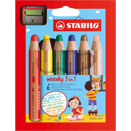 Pastelli Woody 3 in 1 diametro mina 10 mm con temperino Stabilo astuccio 6 pezzi