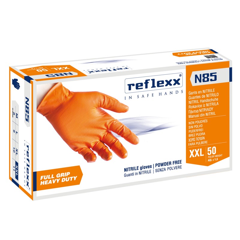 Guanti in nitrile N85 ultra resistenti tg XXL arancione Reflexx conf. 50 pezzi