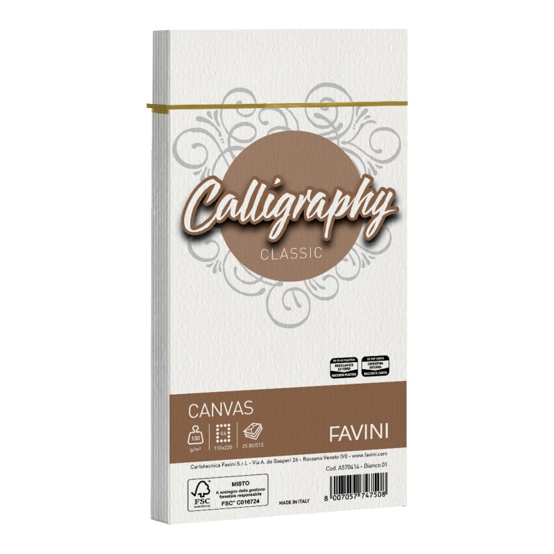 Busta Calligraphy Canvas 110 x 220 mm 100 gr bianco 01 Favini conf. 25 pezzi