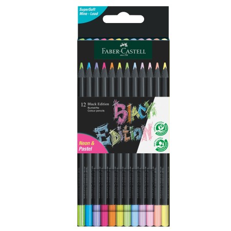 Matite triangolari Black Edition pastel e neon FaberCastell conf.12 pezzi