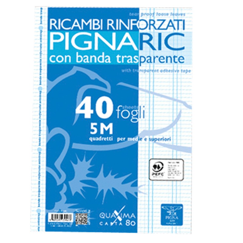 Ricambi forati rinforzati Pignaric A4 quadretto 5mm 40 fogli 80gr Pigna