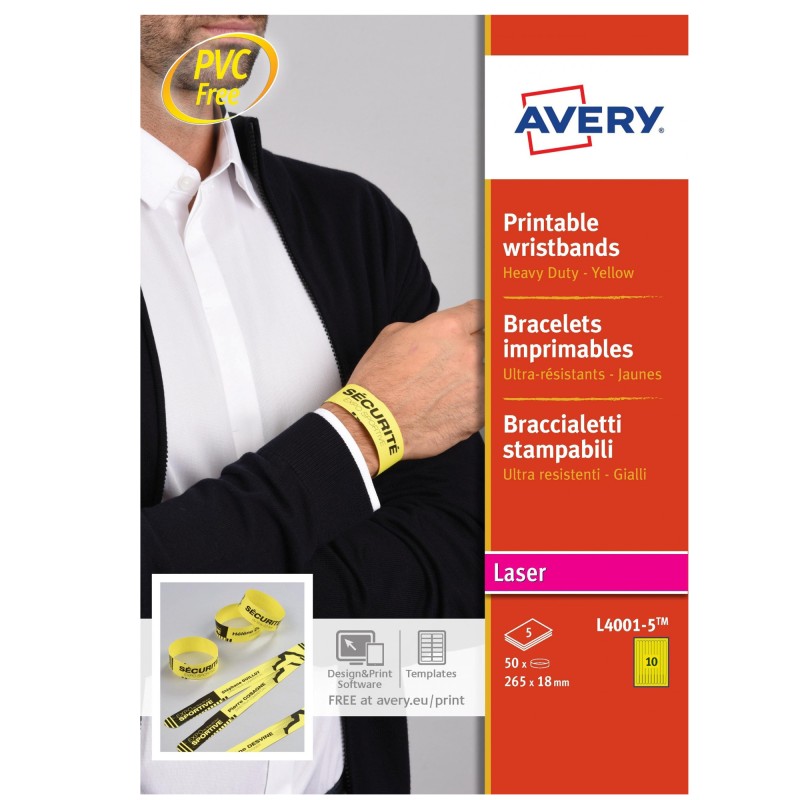 Braccialetti identificativi stampabili giallo 5 fogli 10 et/fg A4 Avery