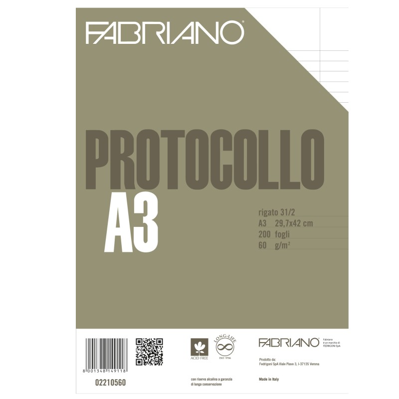 Foglio protocollo A4 1 rigo c/margine 60 gr Fabriano conf. 200 pezzi