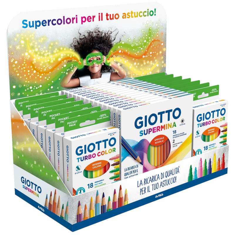 Espositore 15 astucci Supermina + 14 astucci Turbo Color Giotto