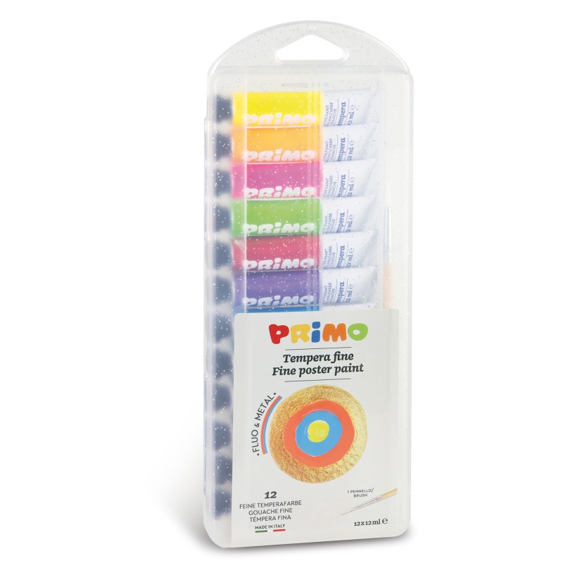 Tempera in tubetto 12 ml fluo / metal Primo scatola 12 pezzi