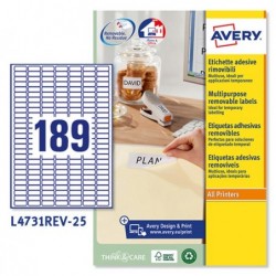 Etichette adesive L4731REV in carta angoli arrotondati rimovibili 25,4 x 10 mm 189 et/fg 25 fogli bianco Avery