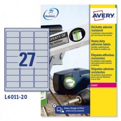 Etichette adesive L6011 in poliestere laser permanenti 63,5 x 29,6 mm 27 et/fg 20 fogli argento Avery