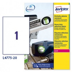 Etichette adesive L4775 in poliestere laser permanenti 210 x 297 mm 1 et/fg 20 fogli bianco Avery