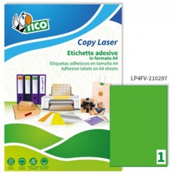 Etichette adesive LP4F in carta permanenti 210 x 297 mm 1 et/fg 70 fogli verde fluo Tico