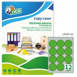 Etichette adesive tonde LP4F in carta con margini permanenti diametro 63,5 mm 12 et/fg 70 fogli verde fluo Tico