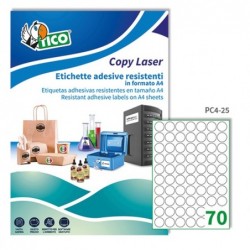 Etichette adesive tonde PC4 in poliestere laser permanenti diametro 25 mm 70 et/fg 100 fogli trasparente Tico