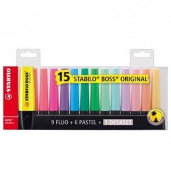 Evidenziatore Boss Original punta a scalpello tratto 2 5 mm colori assortiti fluo + pastel Stabilo deskset 15 pezzi